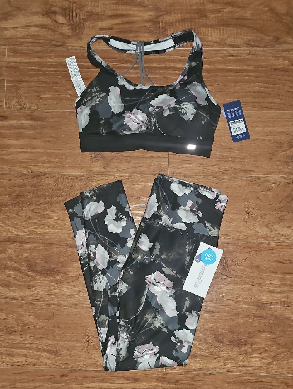 Marika Black Floral Sports Bra and Leggings Set with Pink Accents